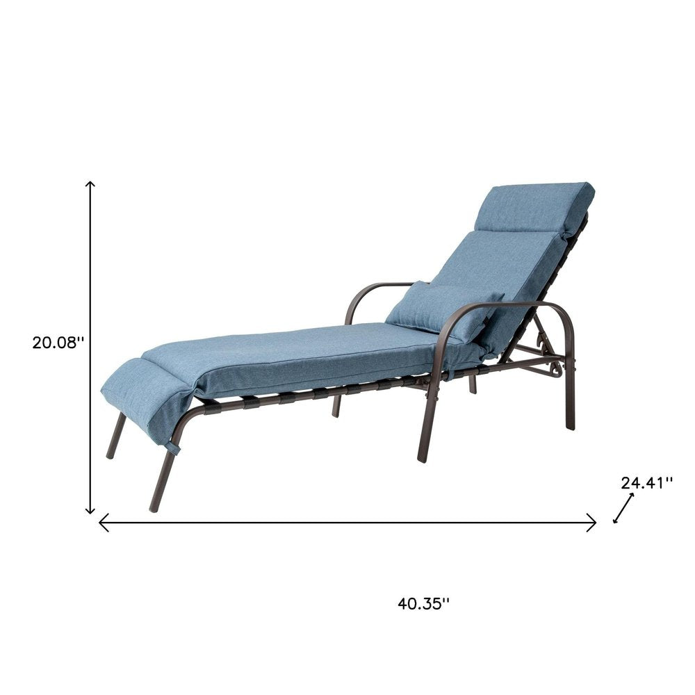 Set of Two Brown Aluminum Six Position Adjustable Outdoor Folding Chaise Lounges with Denim Blue Cushion