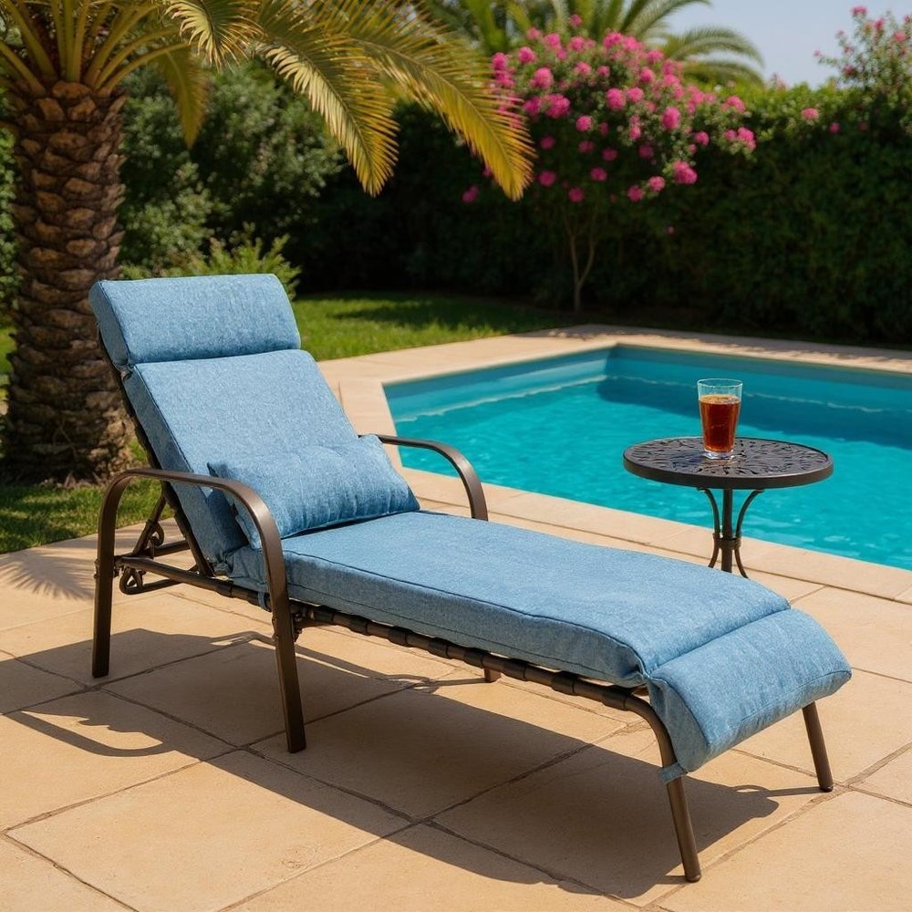 Set of Two Brown Aluminum Six Position Adjustable Outdoor Folding Chaise Lounges with Denim Blue Cushion