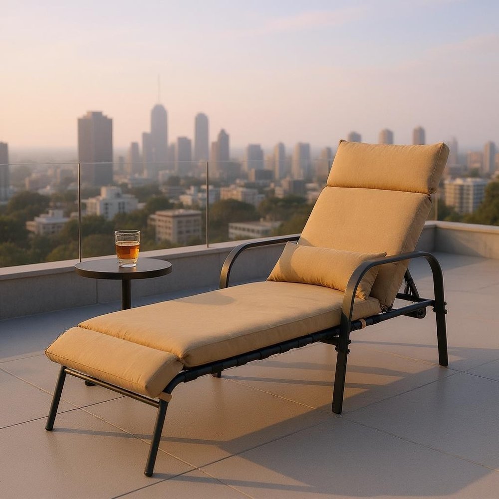 Set of Two Tan Aluminum Six Position Adjustable Outdoor Chaise Lounges with Tan Cushion