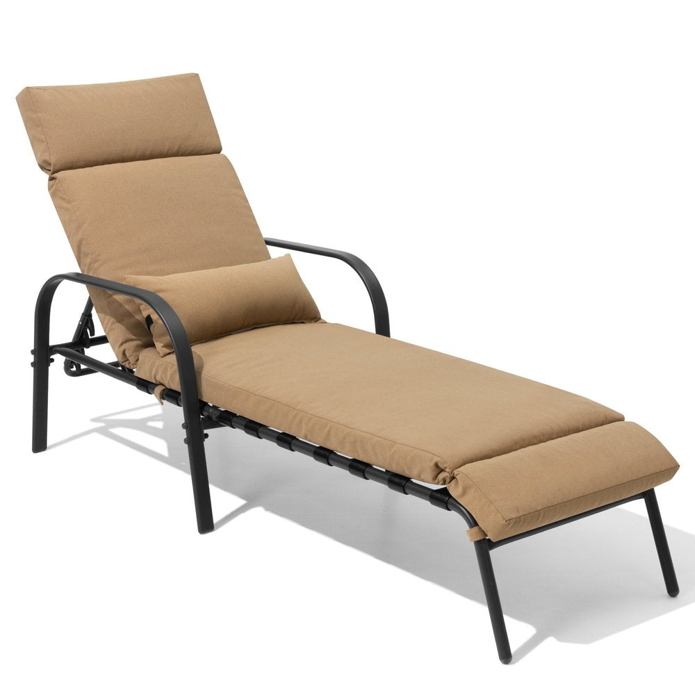 Set of Two Tan Aluminum Six Position Adjustable Outdoor Chaise Lounges with Tan Cushion