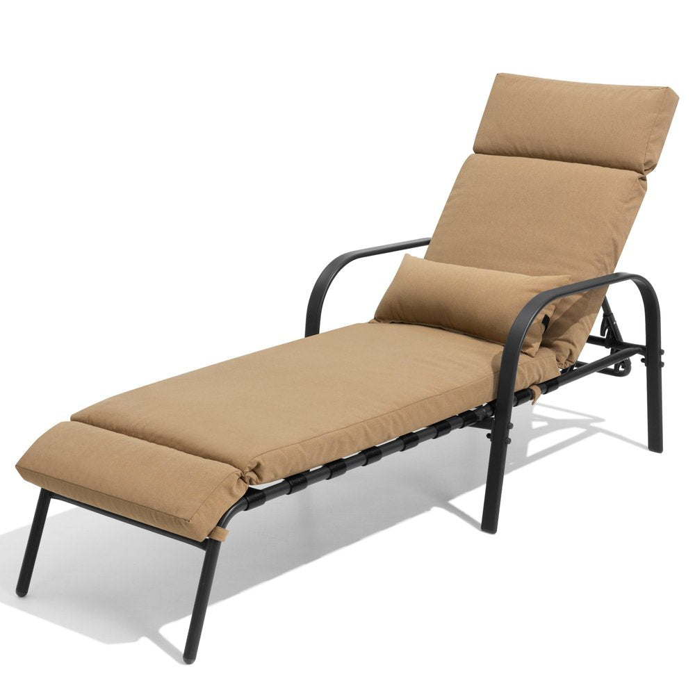 Set of Two Tan Aluminum Six Position Adjustable Outdoor Chaise Lounges with Tan Cushion
