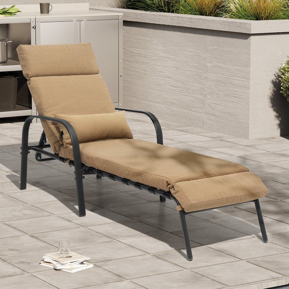 Set of Two Tan Aluminum Six Position Adjustable Outdoor Chaise Lounges with Tan Cushion