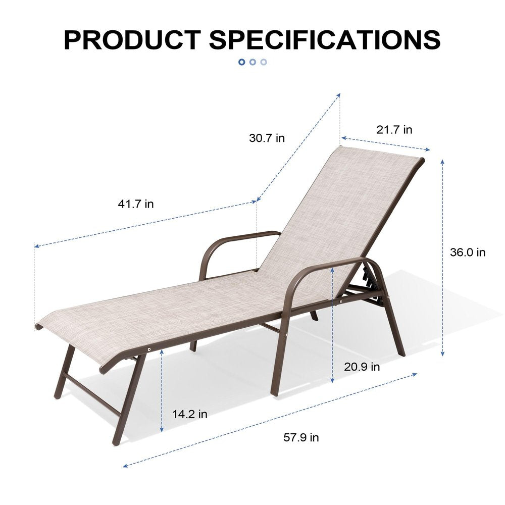 Set of Two Beige Aluminum Six Position Adjustable Outdoor Stacking Chaise Lounges