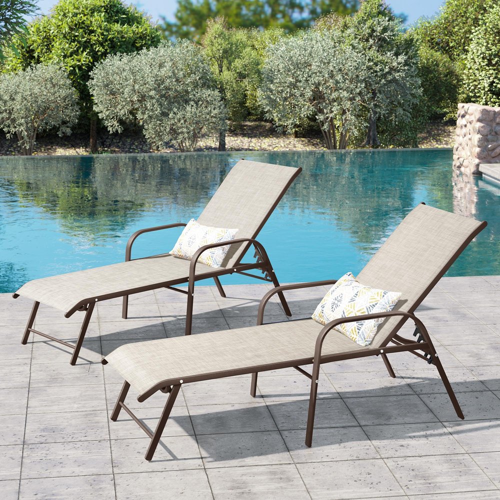 Set of Two Beige Aluminum Six Position Adjustable Outdoor Stacking Chaise Lounges