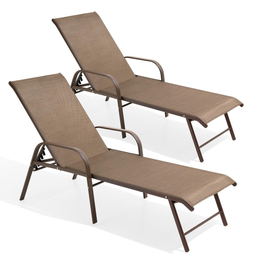 Set of Two Brown Aluminum Six Position Adjustable Outdoor Stacking Chaise Lounges