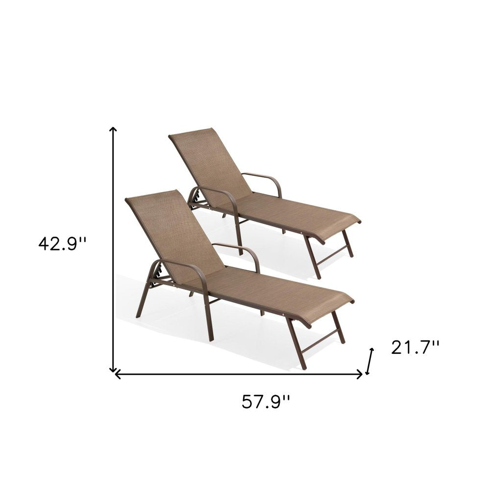 Set of Two Brown Aluminum Six Position Adjustable Outdoor Stacking Chaise Lounges