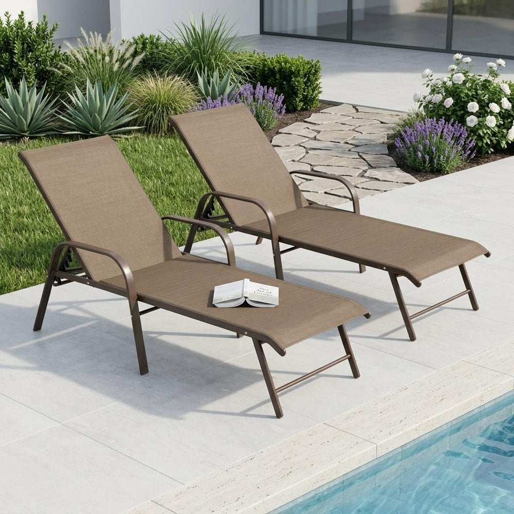 Set of Two Brown Aluminum Six Position Adjustable Outdoor Stacking Chaise Lounges