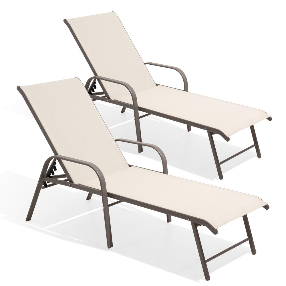 Set of Two Ivory Steel Six Position Adjustable Outdoor Stacking Chaise Lounges