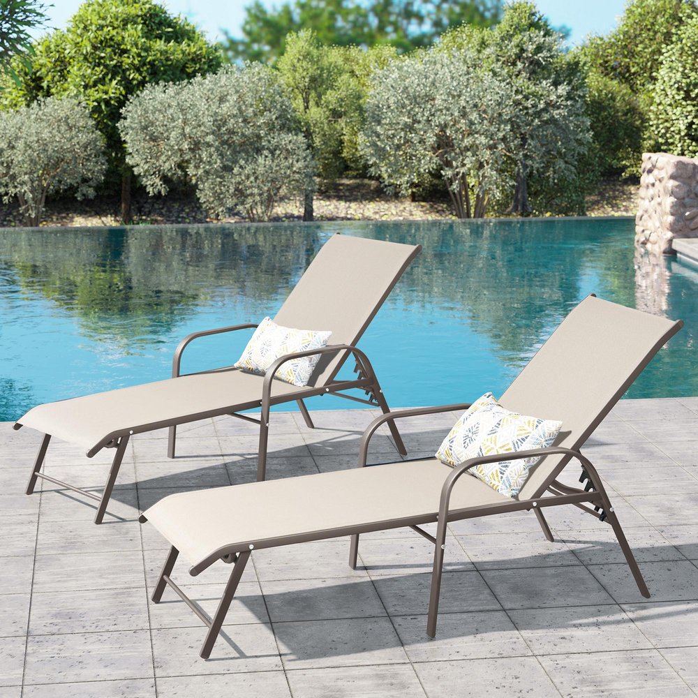 Set of Two Ivory Steel Six Position Adjustable Outdoor Stacking Chaise Lounges