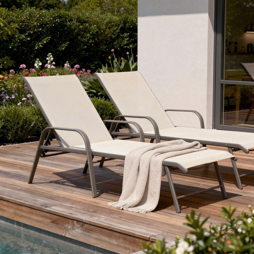 Set of Two Ivory Steel Six Position Adjustable Outdoor Stacking Chaise Lounges