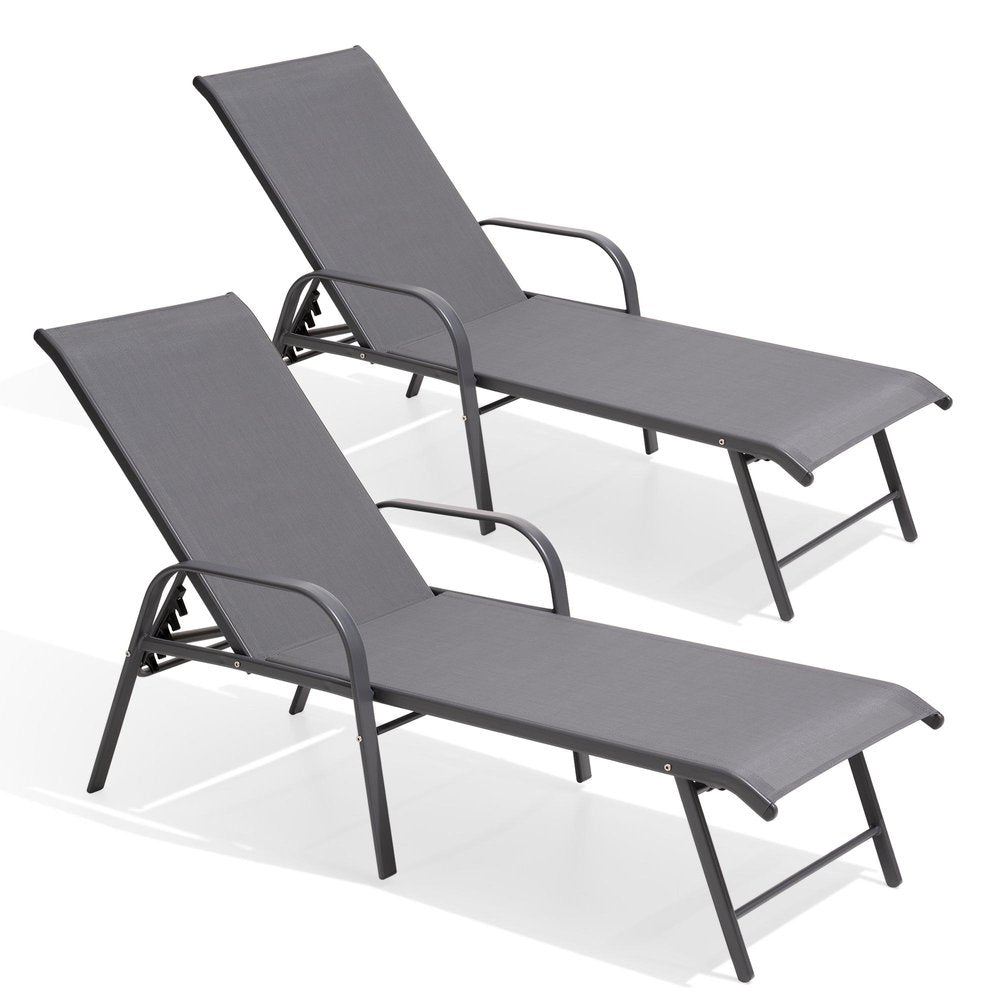 Set of Two Gray Steel Six Position Adjustable Outdoor Stacking Chaise Lounges