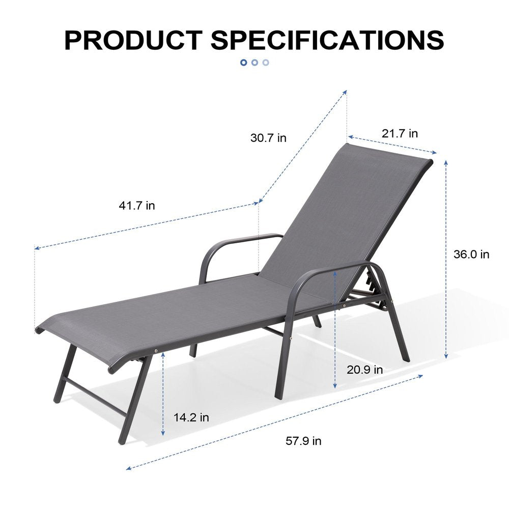 Set of Two Gray Steel Six Position Adjustable Outdoor Stacking Chaise Lounges