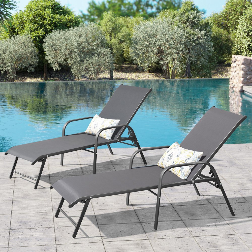 Set of Two Gray Steel Six Position Adjustable Outdoor Stacking Chaise Lounges