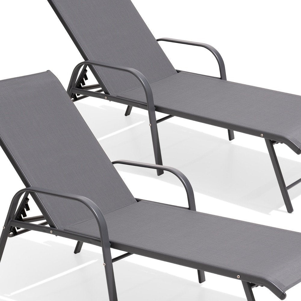 Set of Two Gray Steel Six Position Adjustable Outdoor Stacking Chaise Lounges