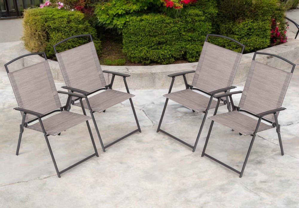 Set of Four 35 Brown Steel Sling Outdoor Folding Arm Chairs