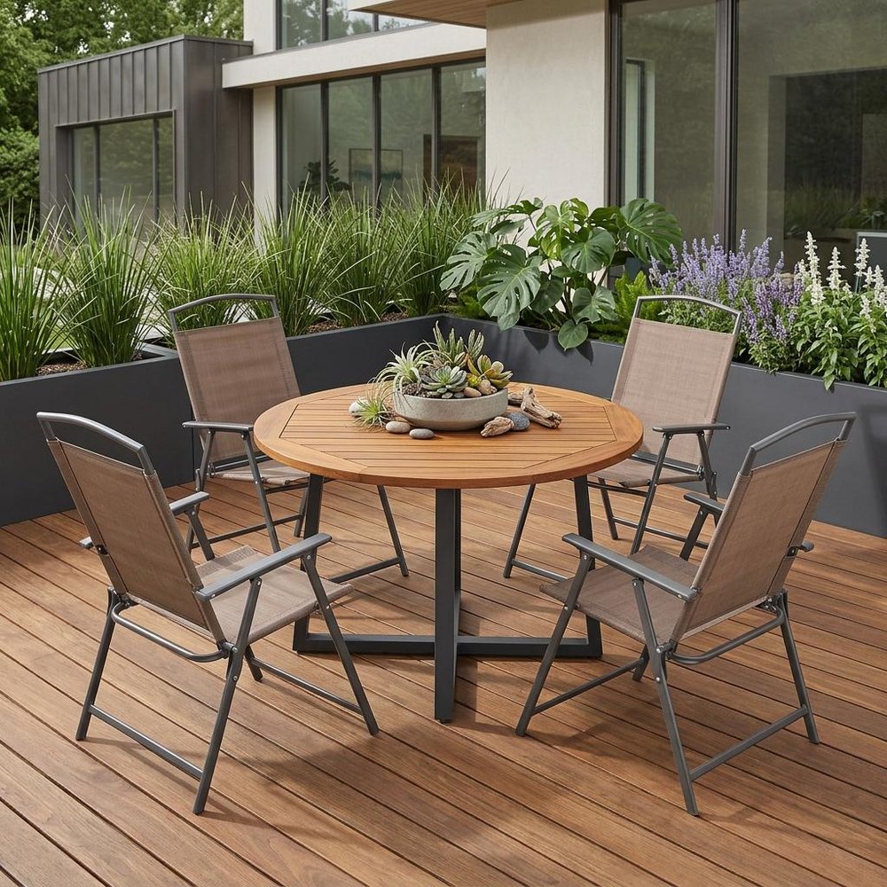 Set of Two Brown Steel Six Position Adjustable Outdoor Stacking Dining Chairs