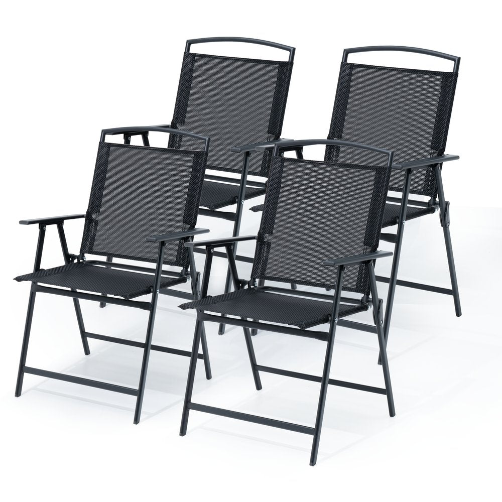 Set of Four Gray Woven Metal Sling Outdoor Folding Dining Chairs