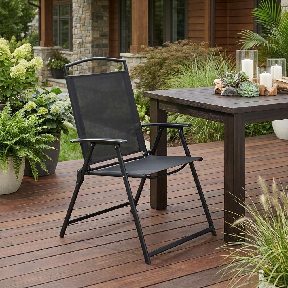 Set of Four Gray Woven Metal Sling Outdoor Folding Dining Chairs