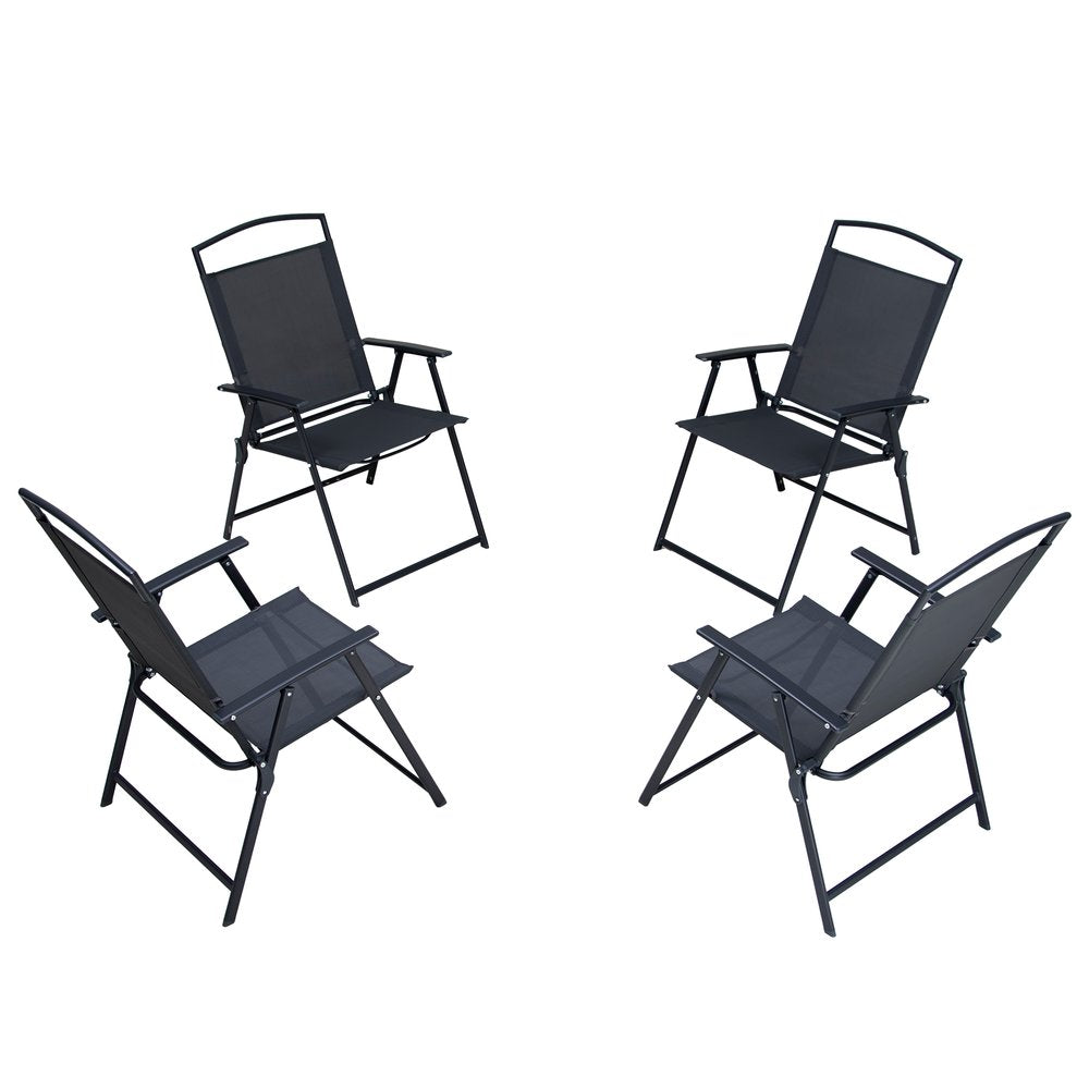 Set of Four Gray Woven Metal Sling Outdoor Folding Dining Chairs