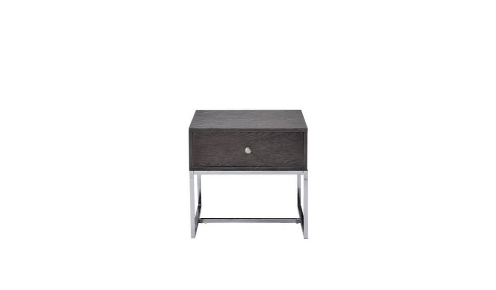 Chrome and Gray Oak Manufactured Wood Rectangular End Table with Drawer