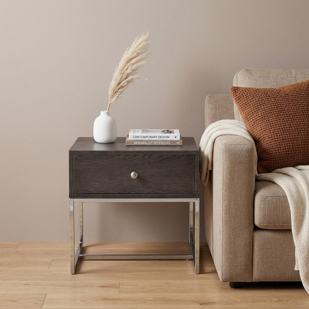 Chrome and Gray Oak Manufactured Wood Rectangular End Table with Drawer