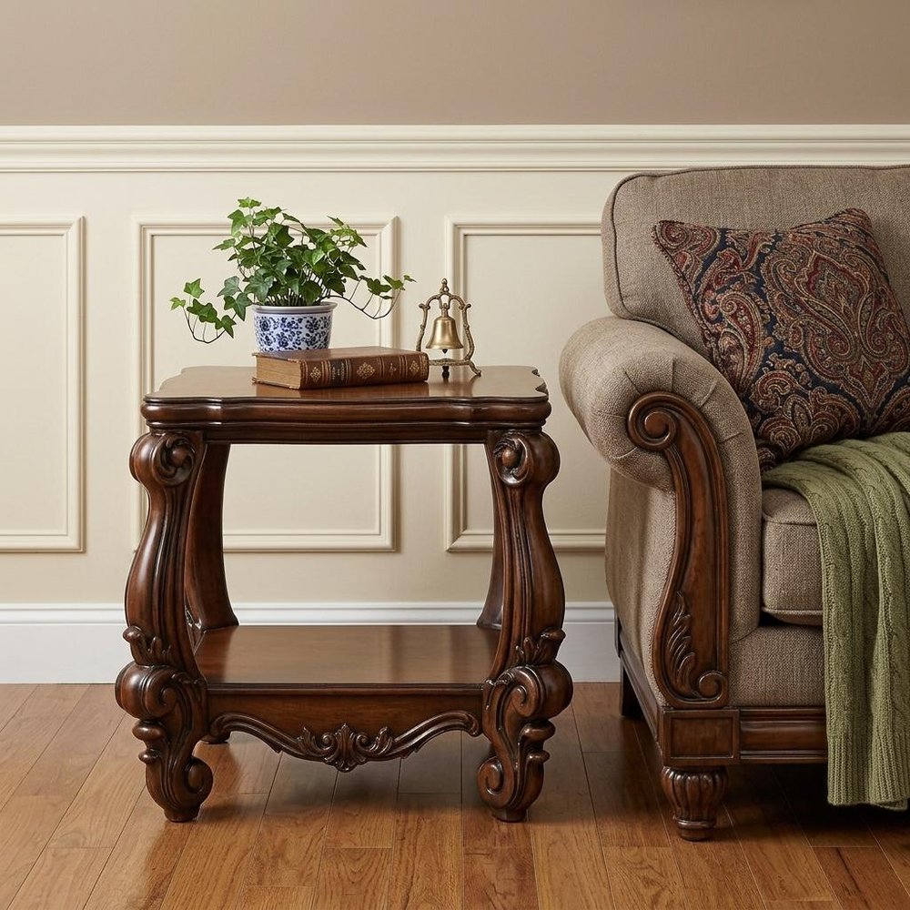 Cherry Oak Manufactured Wood Square End Table with Shelf - 26-inch