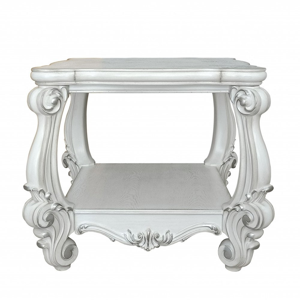 Antiqued White Manufactured Wood Square Scroll End Table with Shelf