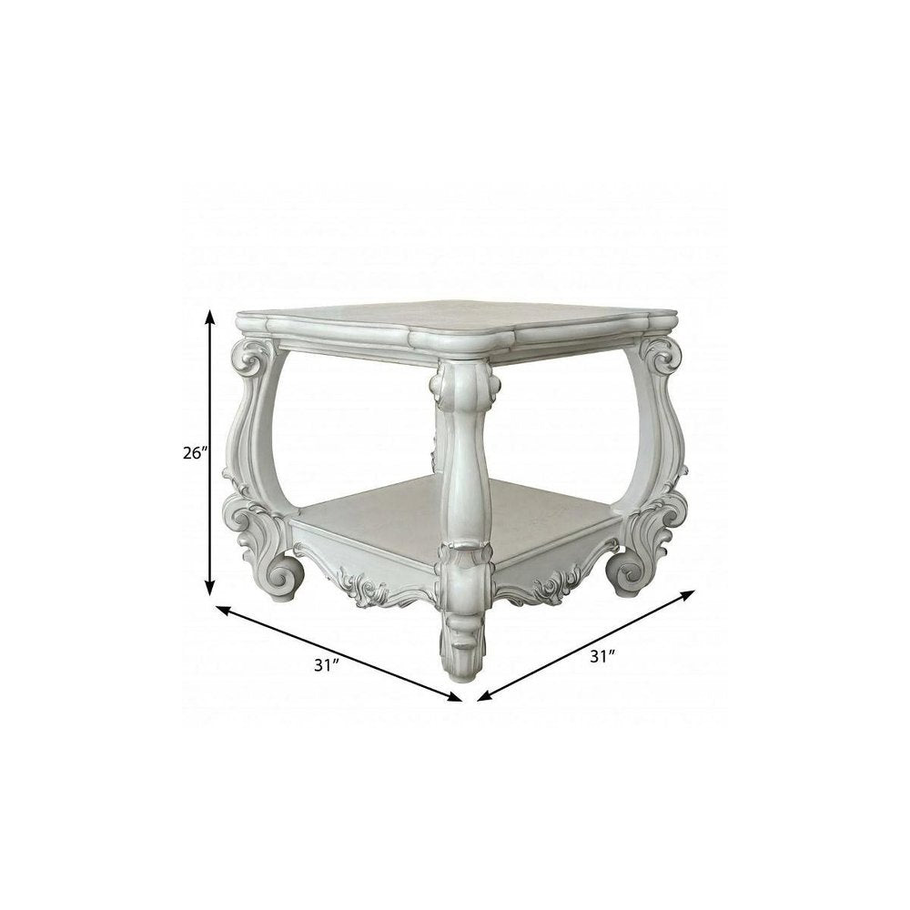 Antiqued White Manufactured Wood Square Scroll End Table with Shelf
