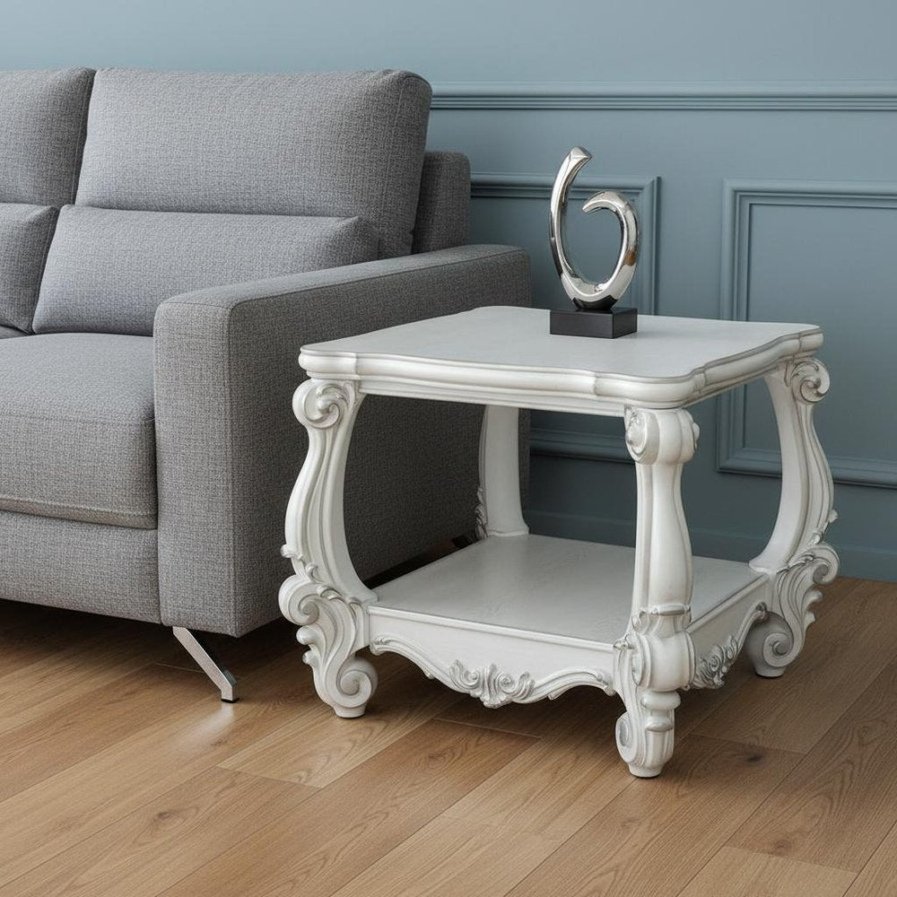 Antiqued White Manufactured Wood Square Scroll End Table with Shelf