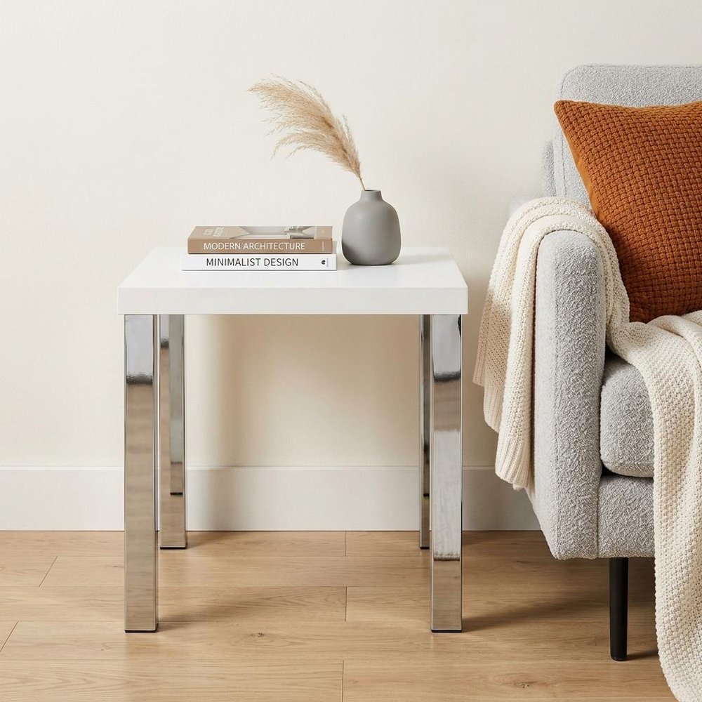 Chrome and White High Gloss Square End Table - 22-inch