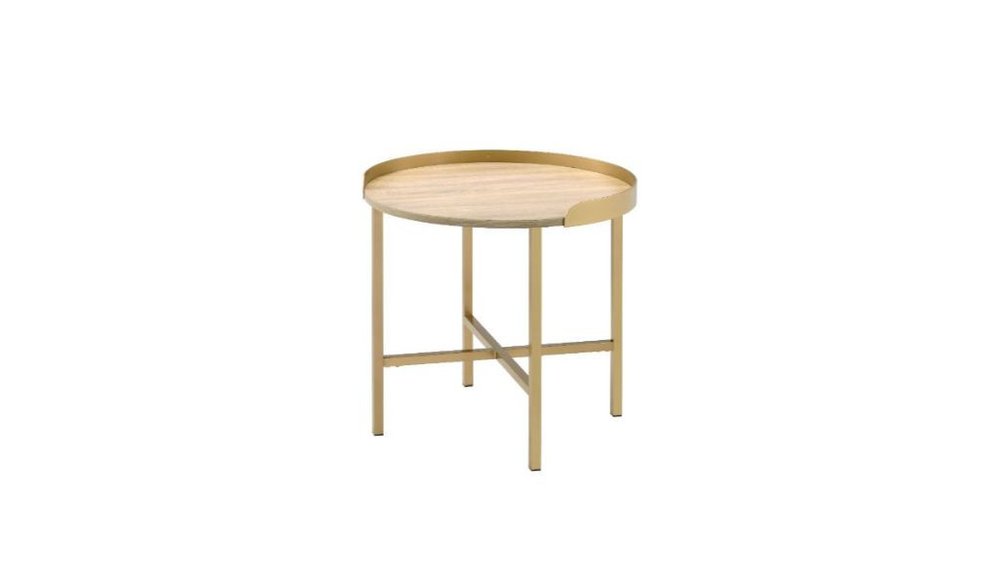 Gold and Oak Manufactured Wood and Metal Round End Table - 22-inch