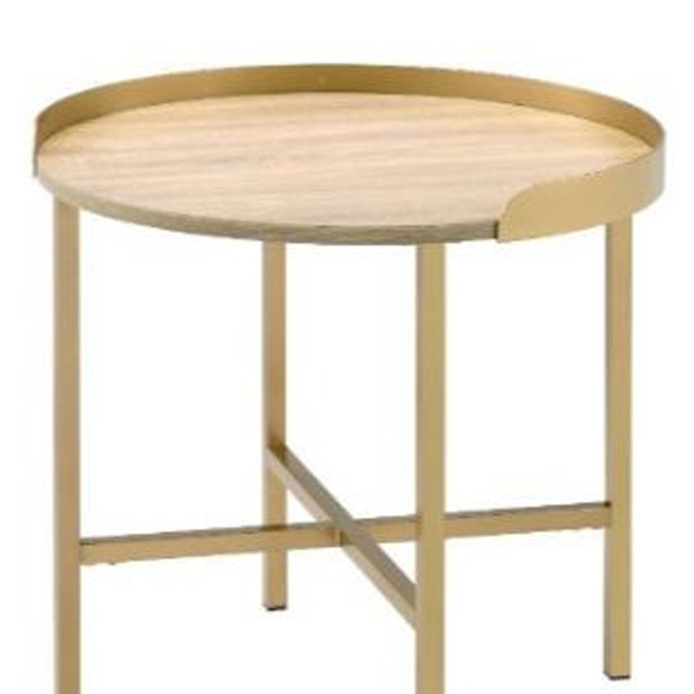 Gold and Oak Manufactured Wood and Metal Round End Table - 22-inch