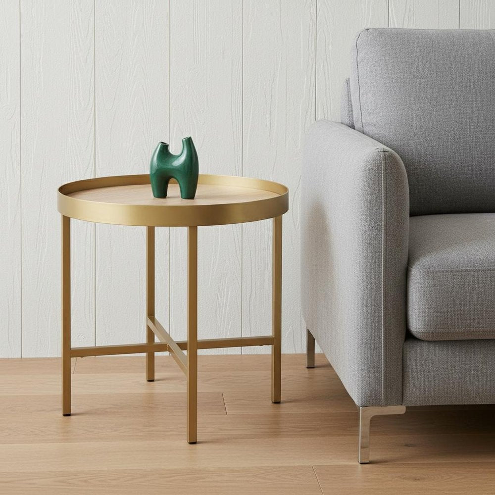 Gold and Oak Manufactured Wood and Metal Round End Table - 22-inch