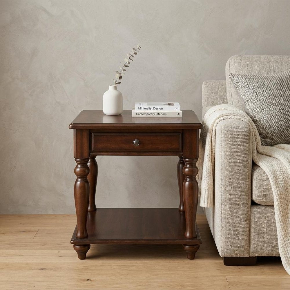 Walnut Manufactured Wood Rectangular End Table with Drawer and Shelf