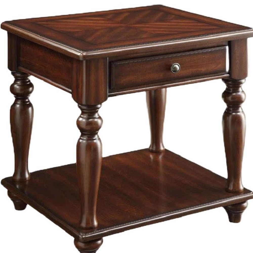 Walnut Manufactured Wood Rectangular End Table with Drawer and Shelf