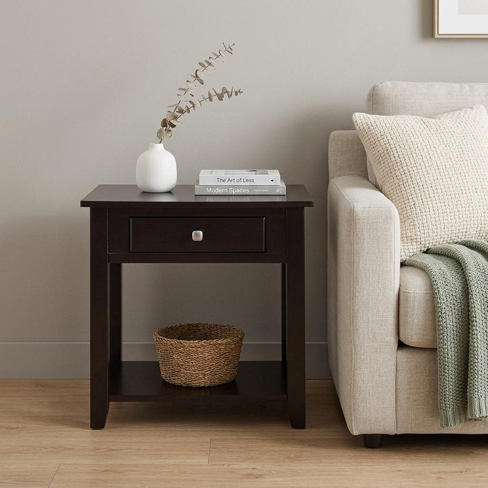 Black Manufactured Wood Square End Table with Drawer with Shelf