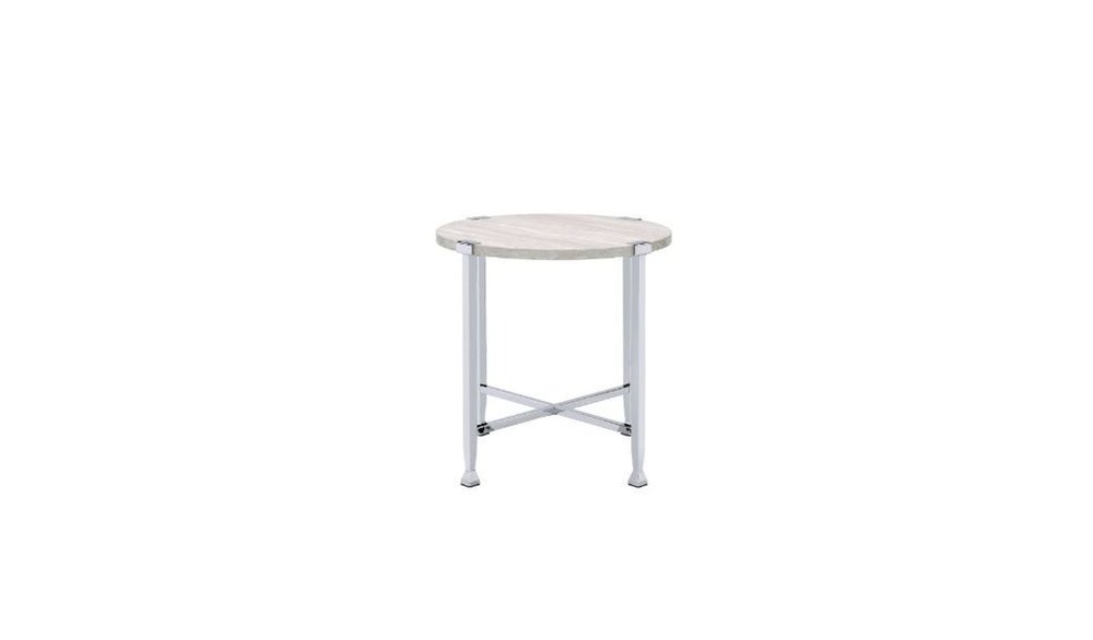 Chrome and White Oak Manufactured Wood and Metal Round End Table