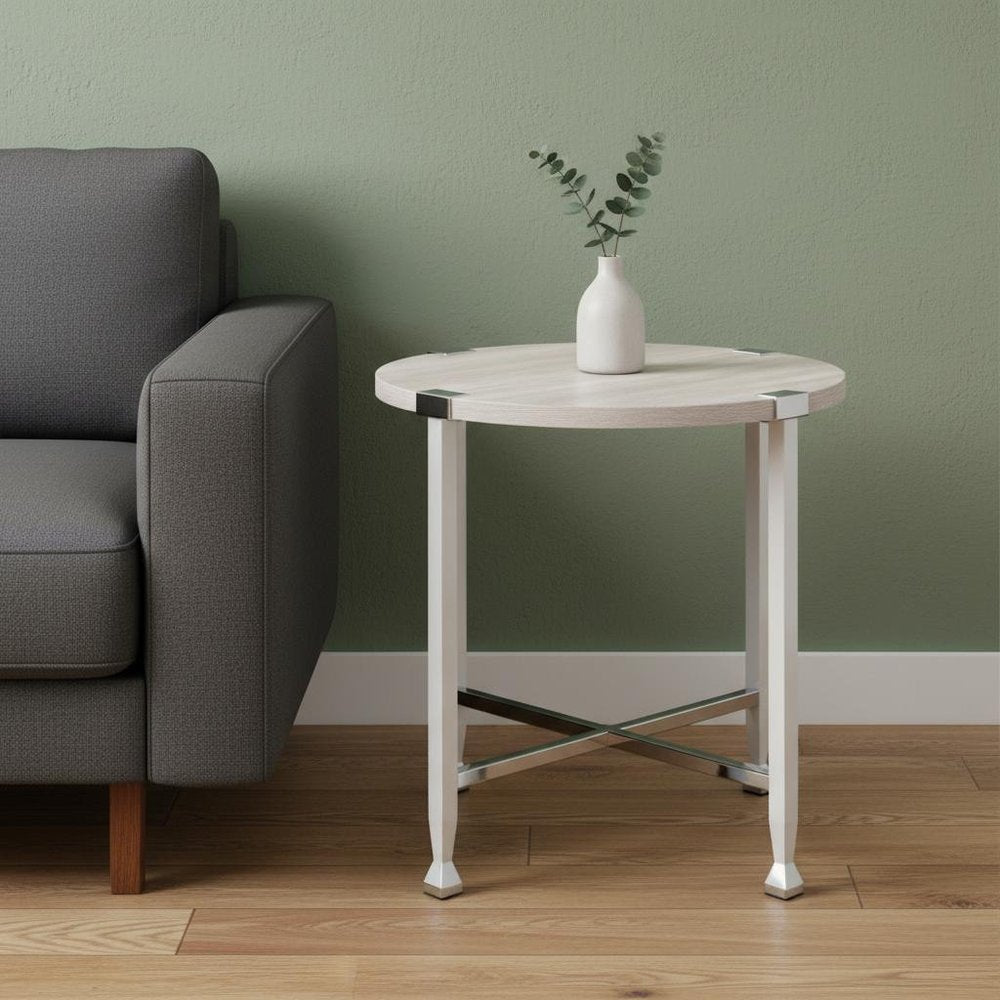 Chrome and White Oak Manufactured Wood and Metal Round End Table