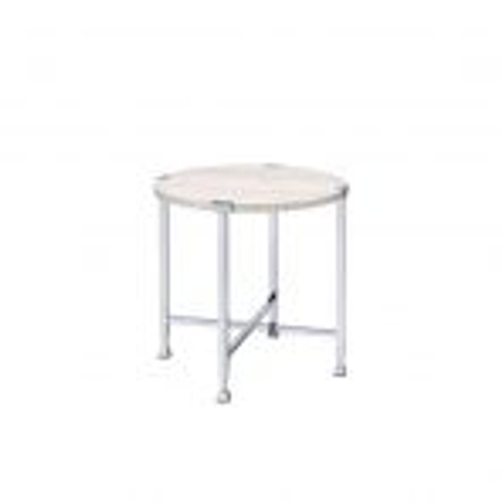 Chrome and White Oak Manufactured Wood and Metal Round End Table