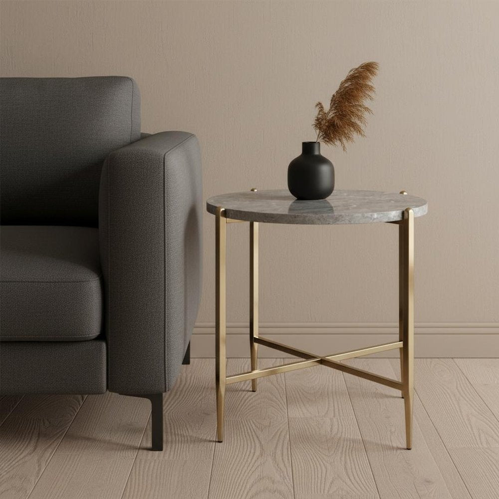 Champagne and Light Gray Manufactured Wood and Metal Round End Table
