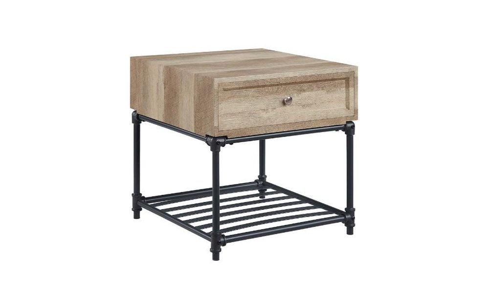 Sandy Black and Oak Manufactured Wood and Metal Square End Table with Drawer and Shelf