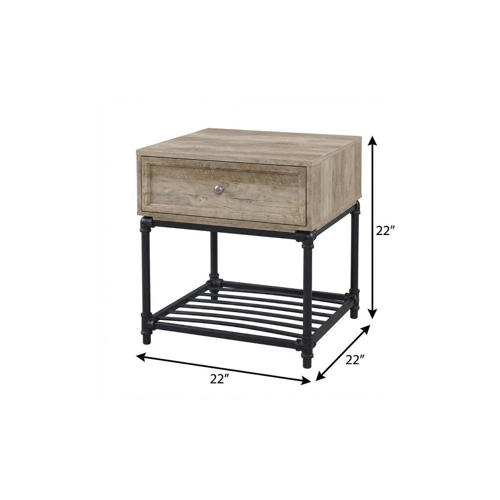 Sandy Black and Oak Manufactured Wood and Metal Square End Table with Drawer and Shelf