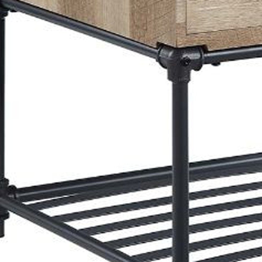 Sandy Black and Oak Manufactured Wood and Metal Square End Table with Drawer and Shelf