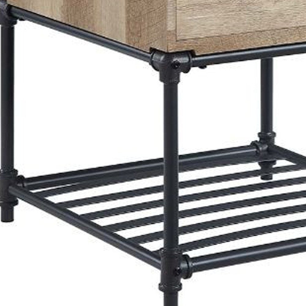 Sandy Black and Oak Manufactured Wood and Metal Square End Table with Drawer and Shelf