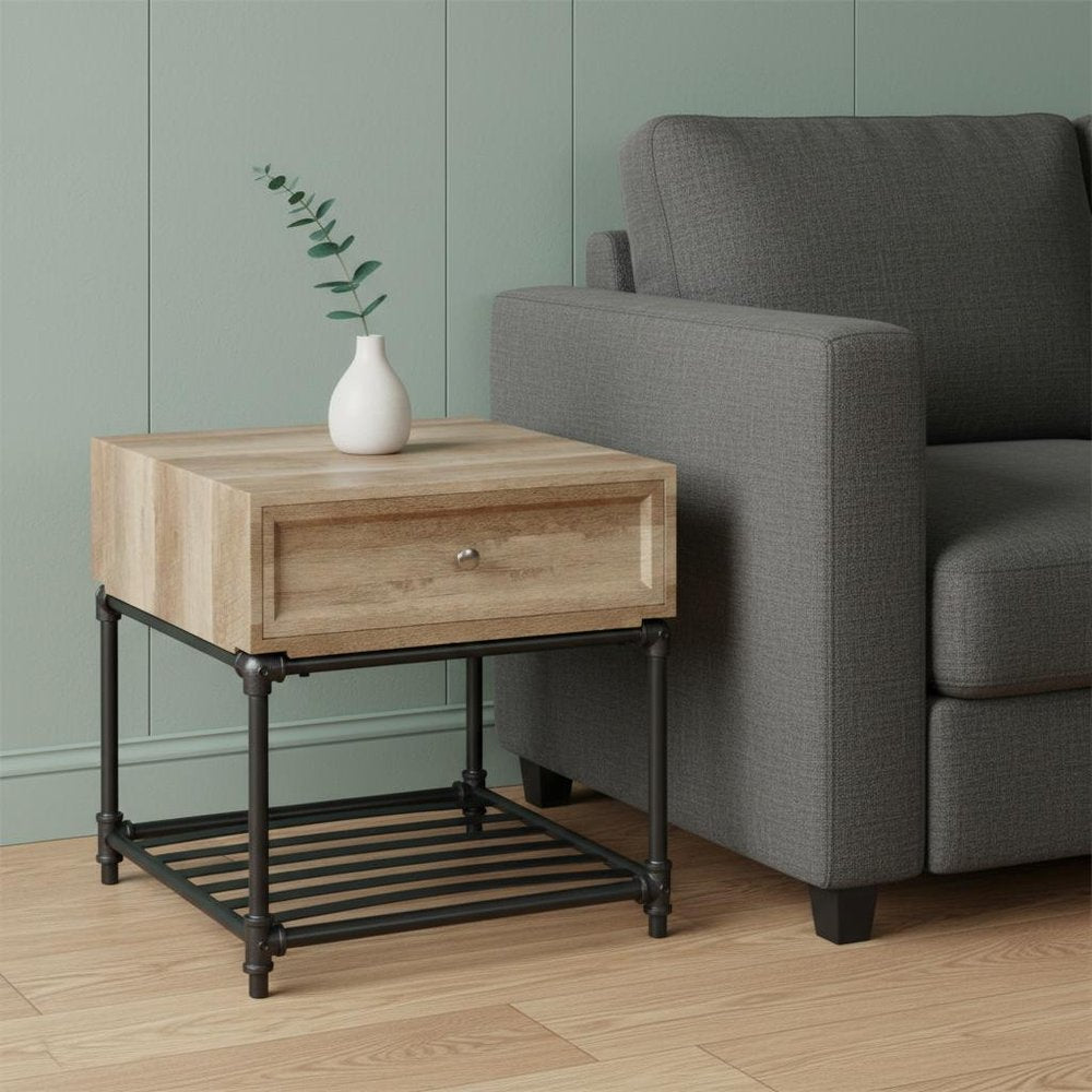 Sandy Black and Oak Manufactured Wood and Metal Square End Table with Drawer and Shelf