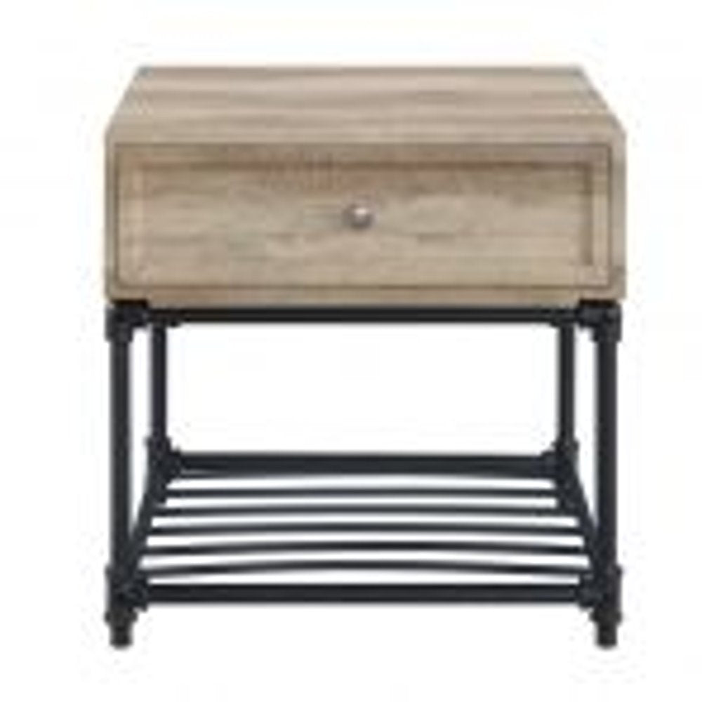 Sandy Black and Oak Manufactured Wood and Metal Square End Table with Drawer and Shelf