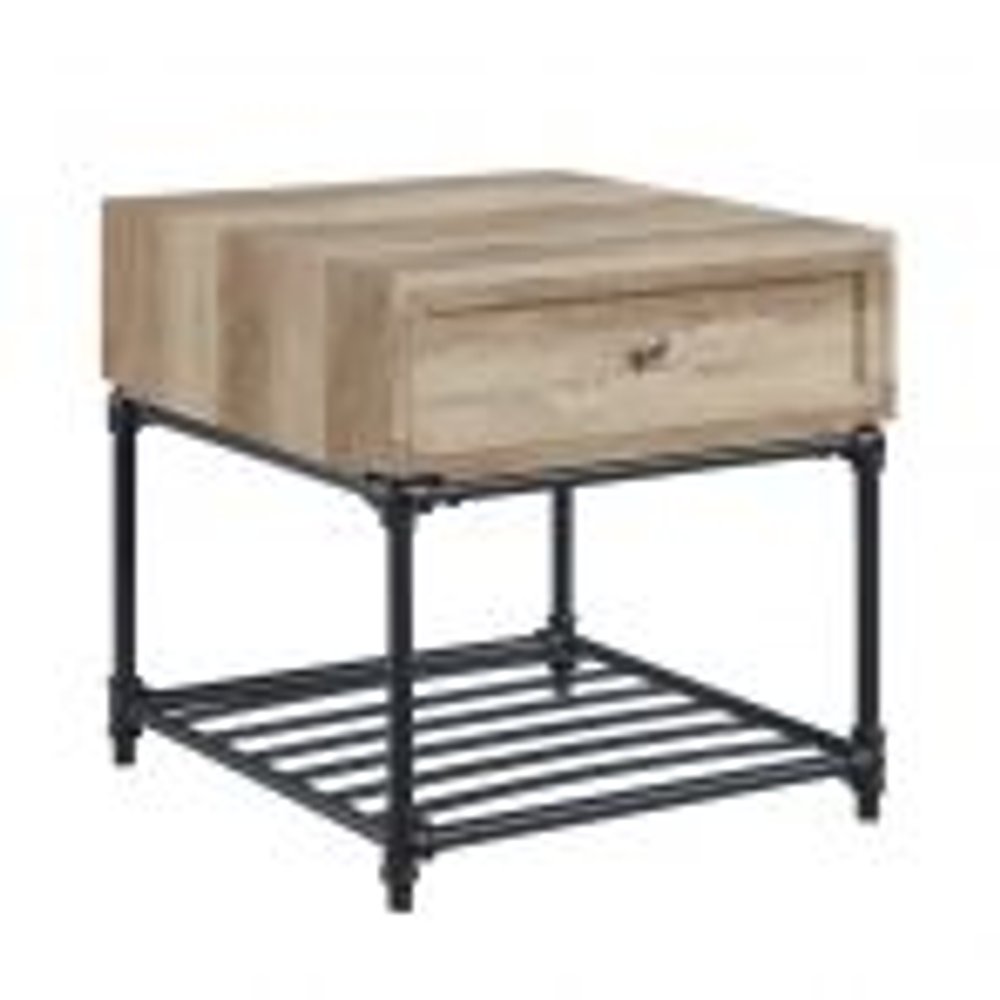 Sandy Black and Oak Manufactured Wood and Metal Square End Table with Drawer and Shelf