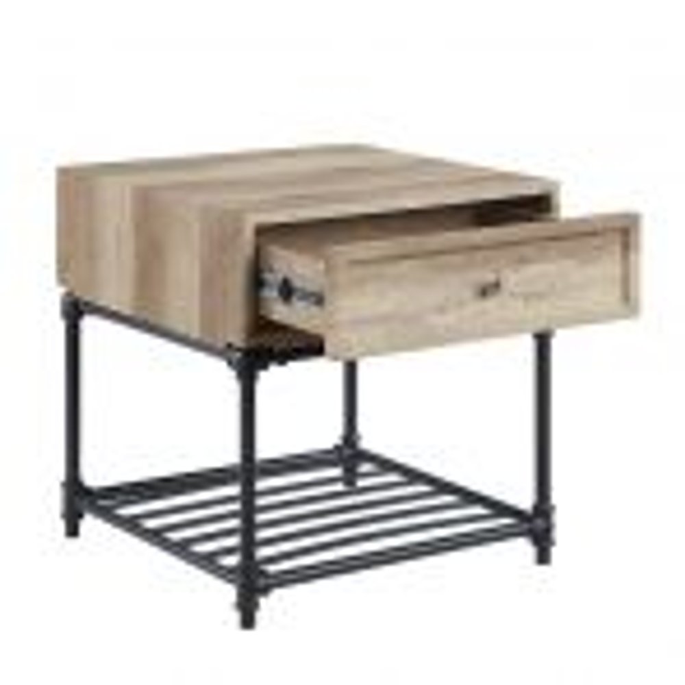 Sandy Black and Oak Manufactured Wood and Metal Square End Table with Drawer and Shelf