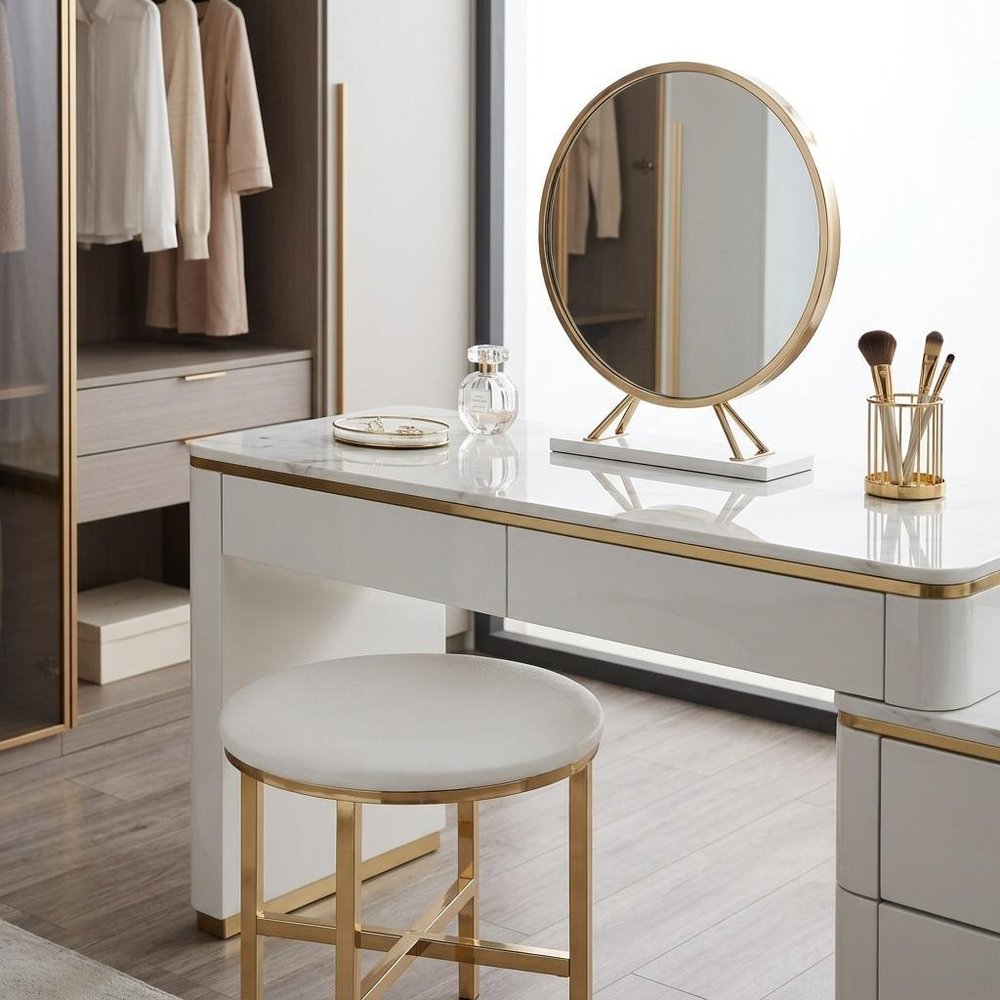Set of Two Gold Metal and Faux Leather Round Freestanding Makeup Mirror and Stool
