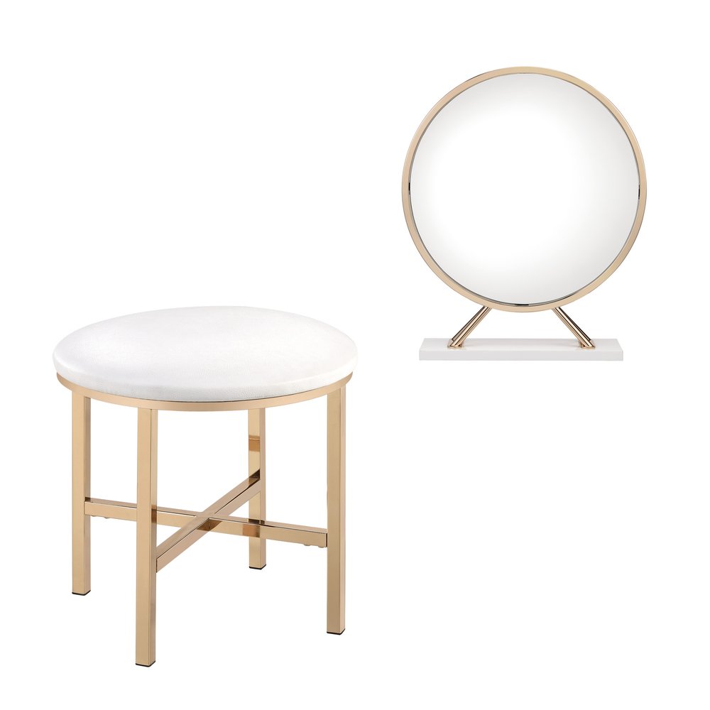 Set of Two Gold Metal and Faux Leather Round Freestanding Makeup Mirror and Stool